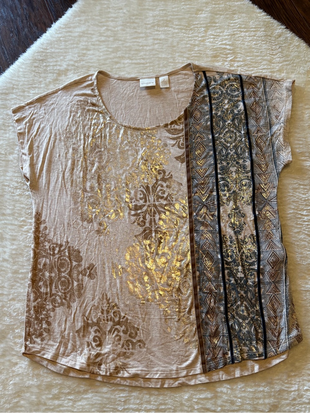 Chico’s Beige Damask Mixed Print T-shirt